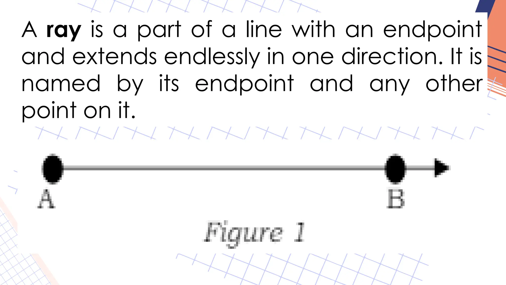 A ray is a part of a line with an endpoint
and extends endlessly in one direction. It is
named by its endpoint and any other
point on it.
 