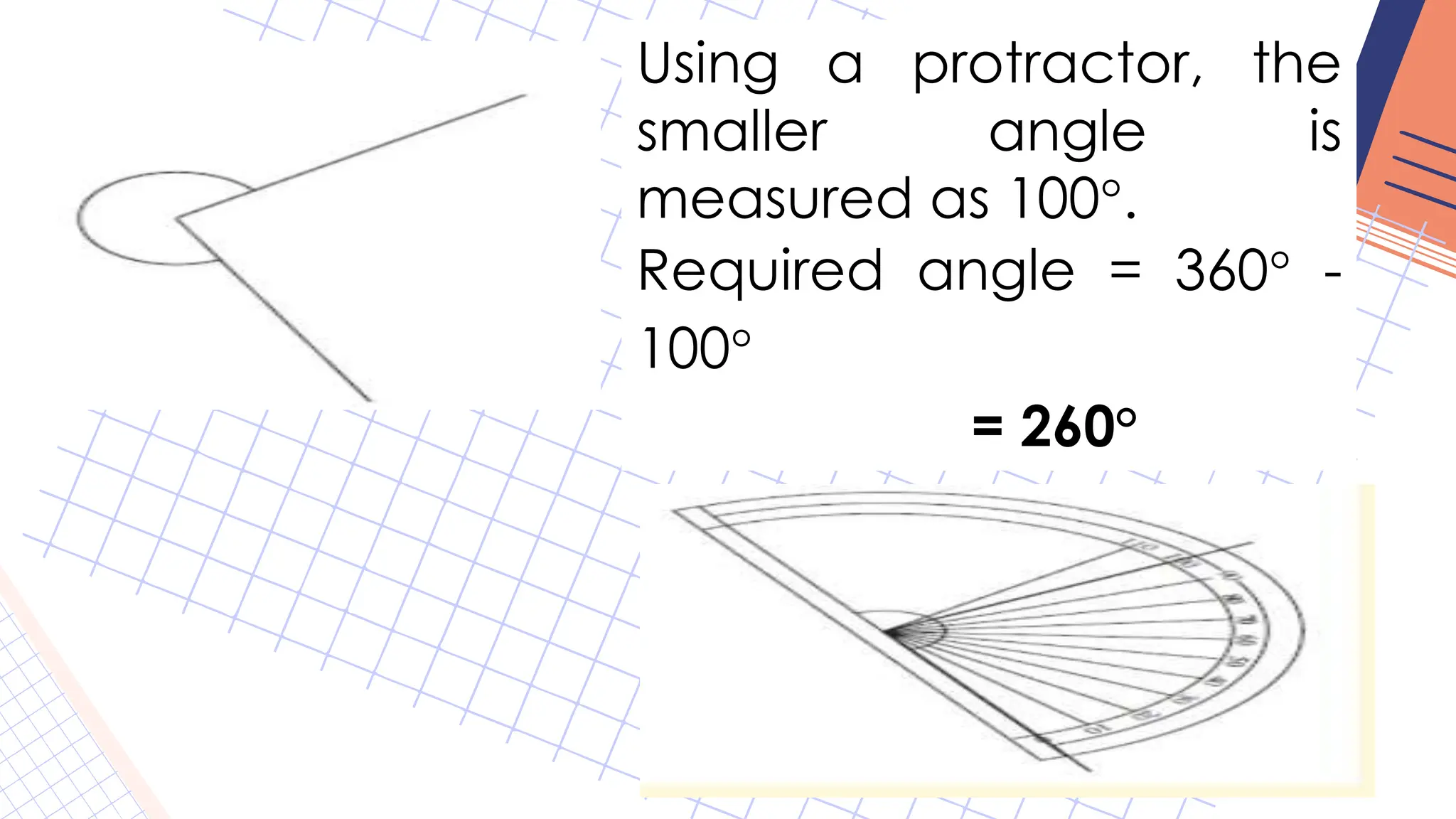 Using a protractor, the
smaller angle is
measured as 100°.
Required angle = 360° -
100°
= 260°
 