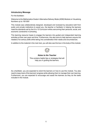 ii
Introductory Message
For the facilitator:
Welcome to the Mathematics Grade 4 Alternative Delivery Mode (ADM) Module on Visualizing
Numbers up to 100 000!
This module was collaboratively designed, developed and reviewed by educators both from
public and private institutions to assist you, the teacher or facilitator in helping the learners
meet the standards set by the K to 12 Curriculum while overcoming their personal, social, and
economic constraints in schooling.
This learning resource hopes to engage the learners into guided and independent learning
activities at their own pace and time. Furthermore, this also aims to help learners acquire the
needed 21st century skills while taking into consideration their needs and circumstances.
In addition to the material in the main text, you will also see this box in the body of the module:
As a facilitator, you are expected to orient the learners on how to use this module. You also
need to keep track of the learners' progress while allowing them to manage their own learning.
Furthermore, you are expected to encourage and assist the learners as they do the tasks
included in the module.
Notes to the Teacher
This contains helpful tips or strategies that will
help you in guiding the learners.
 