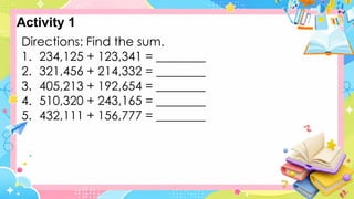 Directions: Find the sum.
1. 234,125 + 123,341 = ________
2. 321,456 + 214,332 = ________
3. 405,213 + 192,654 = ________
4. 510,320 + 243,165 = ________
5. 432,111 + 156,777 = ________
Activity 1
 