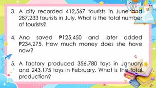 3. A city recorded 412,567 tourists in June and
287,233 tourists in July. What is the total number
of tourists?
4. Ana saved 125,450 and later added
₱
234,275. How much money does she have
₱
now?
5. A factory produced 356,780 toys in January
and 243,175 toys in February. What is the total
production?
 