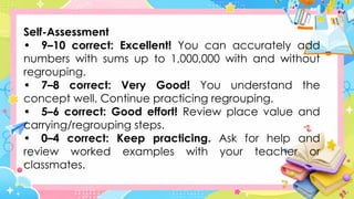 Self-Assessment
• 9–10 correct: Excellent! You can accurately add
numbers with sums up to 1,000,000 with and without
regrouping.
• 7–8 correct: Very Good! You understand the
concept well. Continue practicing regrouping.
• 5–6 correct: Good effort! Review place value and
carrying/regrouping steps.
• 0–4 correct: Keep practicing. Ask for help and
review worked examples with your teacher or
classmates.
 