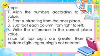Steps:
1. Align the numbers according to place
value.
2. Start subtracting from the ones place.
3. Subtract each column from right to left.
4. Write the difference in the correct place
value.
Since all top digits are greater than the
bottom digits, regrouping is not needed.
 
