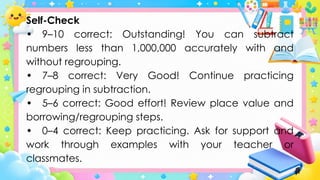 Self-Check
• 9–10 correct: Outstanding! You can subtract
numbers less than 1,000,000 accurately with and
without regrouping.
• 7–8 correct: Very Good! Continue practicing
regrouping in subtraction.
• 5–6 correct: Good effort! Review place value and
borrowing/regrouping steps.
• 0–4 correct: Keep practicing. Ask for support and
work through examples with your teacher or
classmates.
 