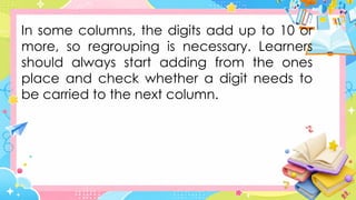 In some columns, the digits add up to 10 or
more, so regrouping is necessary. Learners
should always start adding from the ones
place and check whether a digit needs to
be carried to the next column.
 