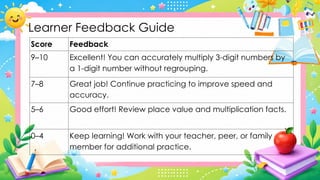Learner Feedback Guide
Score Feedback
9–10 Excellent! You can accurately multiply 3-digit numbers by
a 1-digit number without regrouping.
7–8 Great job! Continue practicing to improve speed and
accuracy.
5–6 Good effort! Review place value and multiplication facts.
0–4 Keep learning! Work with your teacher, peer, or family
member for additional practice.
 