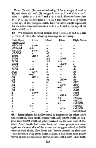 From (2) and (3), now substituting 16 for x, we get c2
- b2 =
16, and from (1) and (3) we get b = a + 1 and d = c + 1.
Now (1) yields a + c = 7 and a + d = 8. Since we know that
d2 - a2
= 32, we now find d - a = 4 and finally a = 2, which
is the age of the youngest child. Now we have simple equations
for the other three unknowns: b = 3, c = 5, and d, the age of the
oldest child, = 6.
67- We designate the four couples with A and a, B and b, C and
c, D and d. Then the following crossings are necessary:
Left Shore River Island River Right Shore
AaBbCcDd
ABCcDd ab--
ABCcDd fib a - -
ABCDd bc+ a - -
ABCDd c ab - -
CcDd ABE ab - -
CcDd - AB ab-* -
CcDd - AB -<-b a
CcDd - b AB* a
CcDd - b *-B Aa
CcDd *-B b - Aa
BCD cd-* b - Aa
BCD *-d bc - Aa
Dd BC+ bc - Aa
Dd - bc BC+ Aa
Dd - bc -<-a ABC
Dd - c ab+ ABC
Dd - c -<-C AaBb
Dd -<--C c - AaBb
d CD+ c - AaBb
d - c CD+ AaBb
d - c f-<-b ABCDa
d - - bc-+ AaBCD
d - - tic AaBbCD
d -<-c - - AaBbCd
- - cd->- AaBbCD
- - - - AaBbCdDd
68- Jones shipped his $5000 worth of nuggets to the other shore
and returned, then Smith crossed with only $3000 worth of nug-
gets. Now $8000 worth of gold remained on the near side of the
river. After Smith had come back, all three prospectors were
again on the near side of the stream and nuggets valued at $8000
were on each shore. Now Jones and Brown crossed the river and
Jones returned with $5000 worth of gold. Then Smith took $8000
worth of gold across and let Brown return with $3000. Then both
123
 