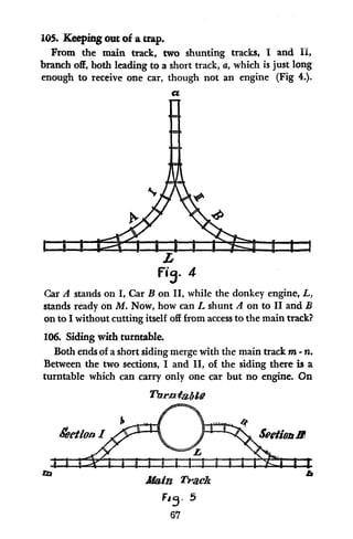 105. Keeping out of a trap.
From the main track, two shunting tracks, I and II,
branch off, both leading to a short track, a, which is just long
enough to receive one car, though not an engine (Fig 4.).
a
fig. 4
Car A stands on I, Car B on II, while the donkey engine, L,
stands ready on M. Now, how can L shunt A on to II and B
on to I without cutting itself off from access to the main track?
106. Siding with turntable.
Both ends of a short siding merge with the main track m -n.
Between the two sections, I and II, of the siding there is a
turntable which can carry only one car but no engine. On
nhrn#,alag
etlon I
Aktfln ZEICA
Fog. 5
67
L
 