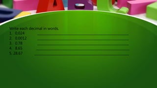 Write each decimal in words.
1. 0,024 ________________________________________________________
2. 0.0012 ________________________________________________________
3. 0.78 ________________________________________________________
4. 8.65 _________________________________________________________
5. 28.67 __________________________________________________________
 