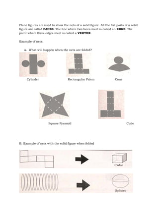 Plane figures are used to show the nets of a solid figure. All the flat parts of a solid
figure are called FACES. The line where two faces meet is called an EDGE. The
point where three edges meet is called a VERTEX.
Example of nets:
A. What will happen when the nets are folded?
Cylinder Rectangular Prism Cone
Square Pyramid Cube
B. Example of nets with the solid figure when folded
 
