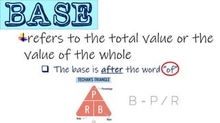 BASE
refers to the total value or the
value of the whole
 The base is after the word “of”
 
