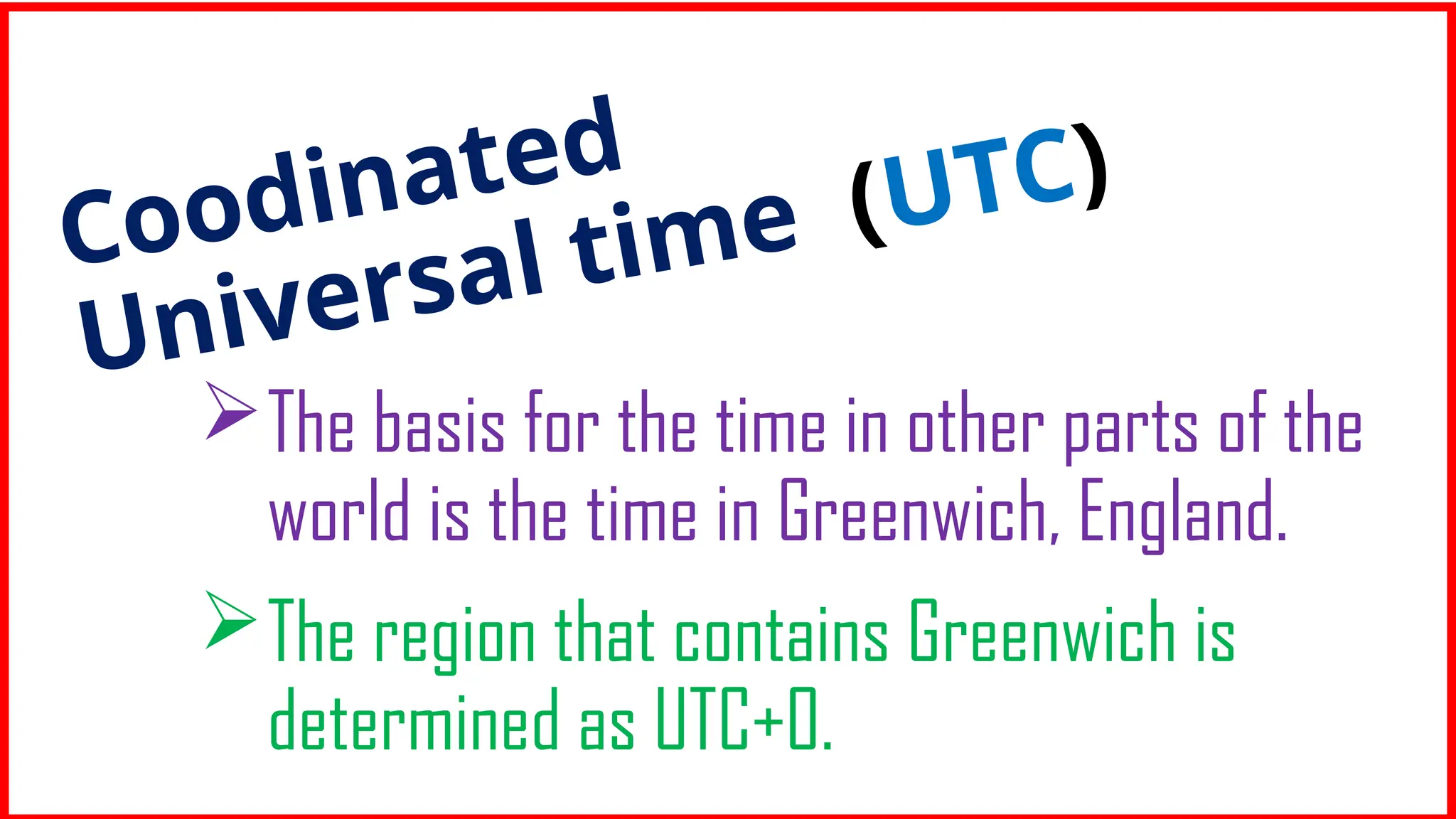 The basis for the time in other parts of the
world is the time in Greenwich, England.
Coodinated
Universal time (UTC)
The region that contains Greenwich is
determined as UTC+0.
 