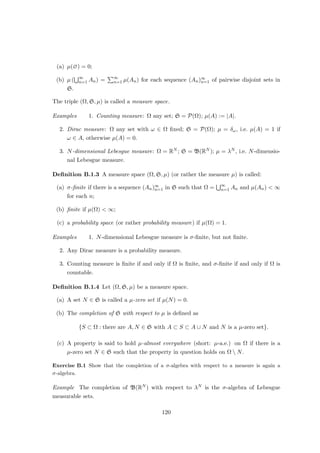 Proof Only the triangle inequality needs proof. For x, y ∈ E, we have:
kx + yk2
= [x + y, x + y]
= [x, x] + [x, y] + [y, x]
|{z}
=[x,y]
+[y, y]
= [x, x] + 2Re [x, y] + [y, y]
≤ [x, x] + 2|[x, y]| + [y, y]
≤ [x, x] + 2[x, x]
1
2 [y, y]
1
2 + [y, y], by Proposition 3.3.2,
= kxk2
+ 2kxkkyk + kyk2
= (kxk + kyk)2
.
Taking roots yields the triangle inequality. u
t
Exercise 3.11 Let E be a linear space, and let [·, ·] be a semi-inner product on E.
(i) Show that F := {x ∈ E : [x, x] = 0} is a linear subspace of E.
(ii) Show that
hx + F, y + Fi := [x, y] (x, y ∈ E)
defines an inner product on E/F.
Definition 3.3.4 A vector space H equipped with an inner product h·, ·i is called a Hilbert
space if H equipped with the norm
kξk := hξ, ξi
1
2 (ξ ∈ H)
is a Banach space.
Example Let (Ω, S, µ) be a measure space. Then (3.4) induces a inner product on
L2(Ω, S, µ) turning it into a Hilbert space. In particular, for each index set I 6= ∅,
the space
`2
(I) :=
(
f : I → F :
X
i∈I
|f(i)|2
 ∞
)
equipped with
hf, gi :=
X
i∈I
f(i)g(i) (f, g ∈ `2
(I))
is a Hilbert space.
64
 