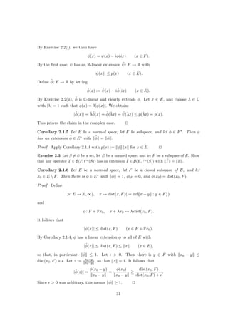 p
≤ g(ω).
For the dominated convergence theorem (Theorem B.3.2) it is then easily inferred that
limN→∞



PN
n=1 fn − f



p
= 0, i.e. f =
P∞
n=1 fn.
The following exercise is the measure theory free version of the preceding example:
Exercise 1.9 Let p ∈ [1, ∞). Let `p
be the set of all sequences (xn)∞
n=1 in F with
P∞
n=1 |xn|p
 ∞.
(i) For x = (xn)∞
n=1 ∈ `p
define
kxkp :=
∞
X
n=1
|xn|p
!1
p
.
Show that k · kp is a norm on `p
.
(ii) Show that (`p
, k · kp) is a Banach space.
11
 