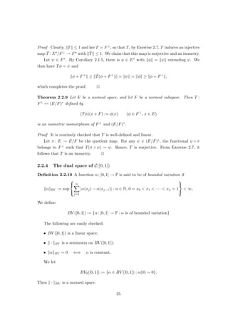 (i) Every bounded sequence in E has a convergent subsequence.
(ii) dim E  ∞.
Proof (ii) =⇒ (i) is elementary.
(i) =⇒ (ii): Suppose that dim E = ∞. Choose x1 ∈ E with kx1k = 1. Suppose that
x1, . . . , xn have already been chosen such that
kxjk = 1 (j = 1, . . . , n)
and
kxj − xkk ≥
1
2
(j, k = 1, . . . , n j 6= k).
Let F := lin{x1, . . . , xn}. Since dim F  ∞, F is a proper and automatically closed
subspace of E. By Riesz’ lemma, there is xn+1 ∈ E with
kxn+1k = 1 and kx − xn+1k ≥
1
2
(x ∈ F).
Inductively, we thus obtain a sequence (xn)∞
n=1 of unit vectors such that
kxn − xmk ≥
1
2
(n 6= m). (1.5)
By (1.5), (xn)∞
n=1 has no Cauchy subsequence. u
t
Theorem 1.2.6 is the first example for the many subtle and often surprising links
between algebra and analysis that surface in this course: A purely algebraic property —
a linear space has finite dimension — turns out to be equivalent to the purely analytic
Bolzano–Weierstraß property.
1.3 Linear operators
One of the major topics in linear algebra is the study of linear maps between finite-
dimensional linear spaces. A considerable part of this course will be devoted to the study
of linear maps between (possibly, but not necessarily) infinite-dimensional spaces.
Definition 1.3.1 Let E and F be linear spaces. A map T : E → F is called linear if
T(λx + µy) = λTx + µTy (x, y ∈ E, λ, µ ∈ F).
Linear maps are also called linear operators. A linear operator from E to F is called a
linear functional.
15
 