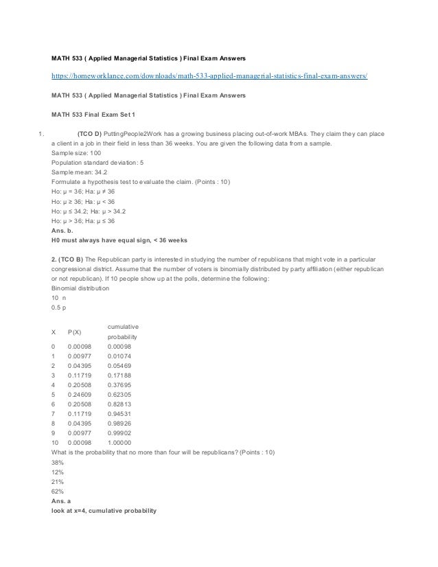 Math 533 Applied Managerial Statistics Final Exam Answers