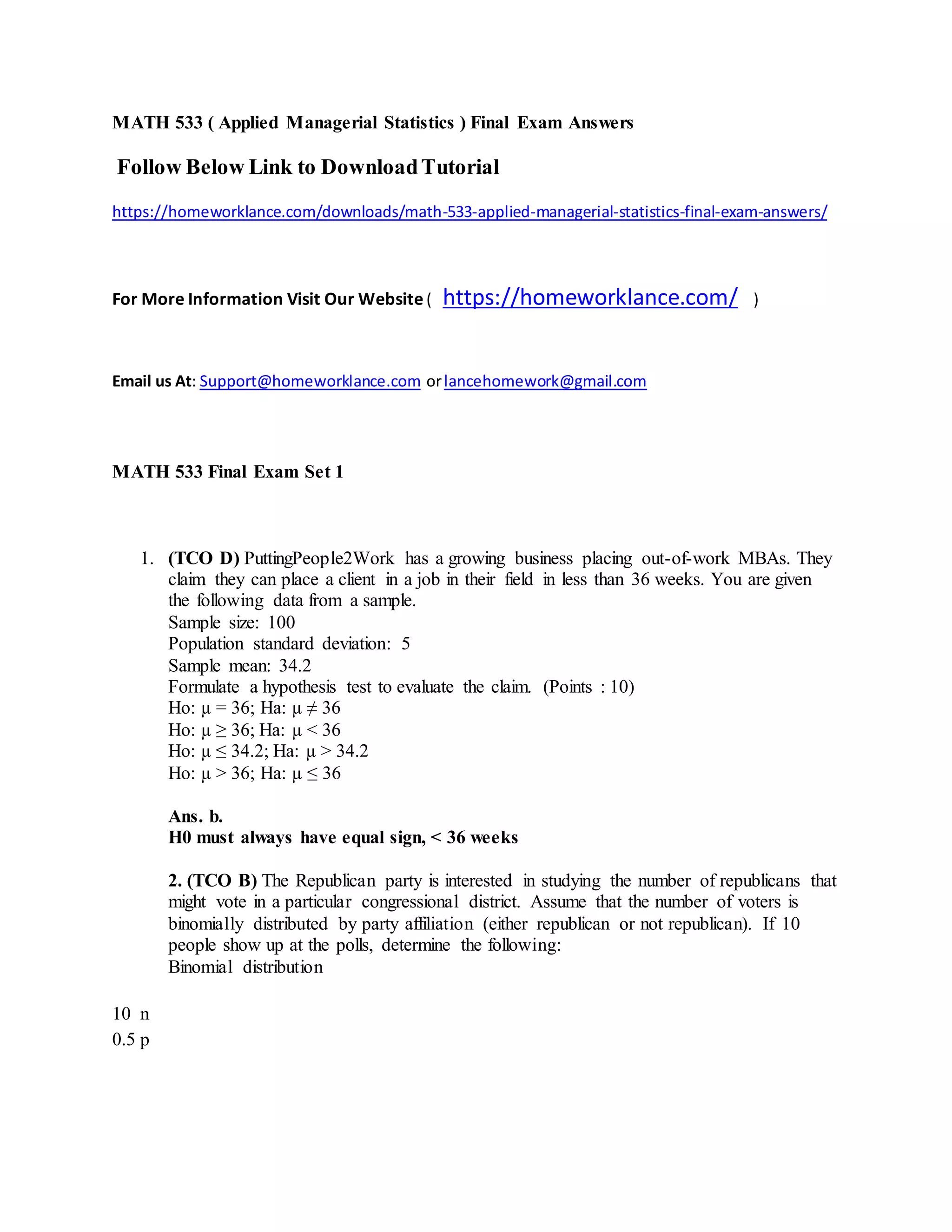 Math 533 applied managerial statistics final exam answers docx