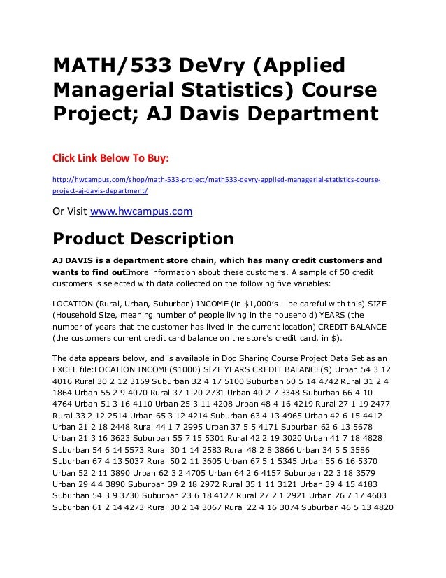 Math 533 De Vry Applied Managerial Statistics Course
