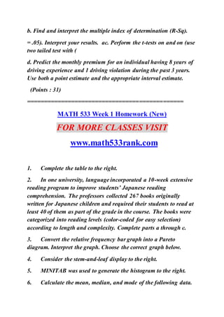b. Find and interpret the multiple index of determination (R-Sq).
= .05). Interpret your results. ac. Perform the t-tests on and on (use
two tailed test with (
d. Predict the monthly premium for an individual having 8 years of
driving experience and 1 driving violation during the past 3 years.
Use both a point estimate and the appropriate interval estimate.
(Points : 31)
==============================================
MATH 533 Week 1 Homework (New)
FOR MORE CLASSES VISIT
www.math533rank.com
1. Complete the table to the right.
2. In one university, language incorporated a 10-week extensive
reading program to improve students’ Japanese reading
comprehension. The professors collected 267 books originally
written for Japanese children and required their students to read at
least 40 of them as part of the grade in the course. The books were
categorized into reading levels (color-coded for easy selection)
according to length and complexity. Complete parts a through c.
3. Convert the relative frequency bar graph into a Pareto
diagram. Interpret the graph. Choose the correct graph below.
4. Consider the stem-and-leaf display to the right.
5. MINITAB was used to generate the histogram to the right.
6. Calculate the mean, median, and mode of the following data.
 