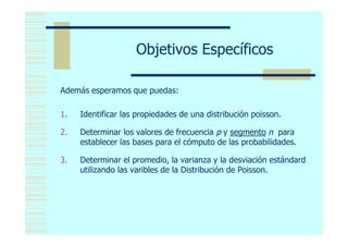 Objetivos Específicos

Además esperamos que puedas:

1.   Identificar las propiedades de una distribución poisson.

2.   Determinar los valores de frecuencia p y segmento n para
     establecer las bases para el cómputo de las probabilidades.

3.   Determinar el promedio, la varianza y la desviación estándard
     utilizando las varibles de la Distribución de Poisson.
 