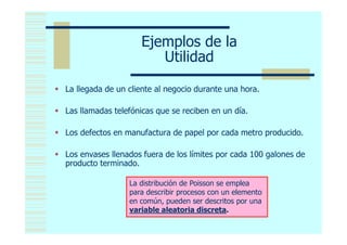 Ejemplos de la
                          Utilidad

 La llegada de un cliente al negocio durante una hora.

 Las llamadas telefónicas que se reciben en un día.

 Los defectos en manufactura de papel por cada metro producido.

 Los envases llenados fuera de los límites por cada 100 galones de
  producto terminado.

                    La distribución de Poisson se emplea
                    para describir procesos con un elemento
                    en común, pueden ser descritos por una
                    variable aleatoria discreta.
 