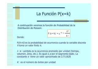 La Función P(x=k)                           Return


A continuación veremos la función de Probabilidad de la
Distribución de Poisson.

                              P (x = 1-0 =   e   -   '*
                                                          k
Donde:

P(X=K) es la probabilidad de ocurrencia cuando la variable discreta
X toma un valor finito k.

λ = Lambda es la ocurrencia promedio por unidad (tiempo,
volumen, área, etc.). Es igual a p por el segmento dado. La
constante e tiene un valor aproximado de 2.711828

K es el número de éxitos por unidad
 