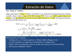 Extración de Datos
The "Daily 3" Lotter),
Many states have a "daily 3" lottery. The daily 3 is a uniformly distributed discrete random
variable whose values range from 000 through 999. There are 1,000 equally likely out-
comes. so theprobability ofanygiven three-digit number is 1/1.000. The theoretical char-
acteristics of this lottery are:
                                             1            1
              P(X = =                                         = . 1
                                                                00
                            b — a ± 1 = 999 — 0 -1- 1 = 1,000
                         ± b 0+999
                 ft =                   = 499_5
                                   2
                        1/(17 a 1)2— 1
                               +             1/(999 — 0 + 1)2— 1
                   =        - _                                  — 288,67
                                12                     12
Identificación de Variables:
1. Variables (b, a), b= límite superior, a= límite inferior (Rango= b-a);
2. Los otros números son dados por las fórmulas, ref. página 222;
3. Media= 499.5 (se identifica como la media, pero parece ser el Puntomedio);
4. Desviación Estándard= 288.67
 