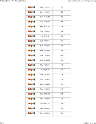 Michigan Lottery - Past Winning Numbers                                    http://milottery.state.mi.us/msl-og-results.php



                                          Delly.3J   Sat. 11/13/10   133


                                          Del14,42   Sun. 11/14/10   923


                                          Del0.32    Mon. 11/15/10   762


                                          DoiIraj    Tue. 11/16/10   266


                                          Delly.31   Wed. 11/17/10   834


                                          Delly.31   Thu. 11/18/10   242


                                          DeIly.31   Fri. 11/19/10   056


                                          Doi0.31    Sat. 11/20/10   074


                                          Doily.31   Sun. 11/21/10   841


                                          Delly.31   Mon. 11/22/10   154


                                          Del14,42   Tue. 11/23/10   682


                                          lisily.3   Wed. 11/24/10   308


                                          Dely.31    Thu. 11/25/10   416


                                          Dmily.31   Fri. 11/26/10   821


                                          Ddly.31    Sat. 11/27/10   528


                                          Del0.31    Sun. 11/28/10   319


                                          Daikr.31   Mon. 11/29/10   655


                                          Deikr.32   Tue. 11/30/10   216


                                          Delly.3J   Wed. 12/01/10   685


                                          DeIly.32   Thu. 12/02/10   419


                                          Do10.32    Fri. 12/03/10   574


                                          Dely.31    Sat. 12/04/10   614


                                          Doi0.31    Sun. 12/05/10   374




7 of 17                                                                                              7/4/2011 12:49 AM
 