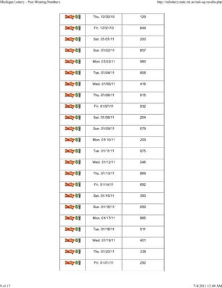 Michigan Lottery - Past Winning Numbers                                    http://milottery.state.mi.us/msl-og-results.php



                                          Delly.3J   Thu. 12/30/10   129


                                          Del14,42   Fri. 12/31/10   844


                                          Del0.32    Sat. 01/01/11   200


                                          DoiIraj    Sun. 01/02/11   857


                                          Delly.31   Mon. 01/03/11   985


                                          Delly.31   Tue. 01/04/11   808


                                          DeIly.31   Wed. 01/05/11   416


                                          Doi0.31    Thu. 01/06/11   915


                                          Doily.31   Fri. 01/07/11   932


                                          Delly.31   Sat. 01/08/11   204


                                          Del14,42   Sun. 01/09/11   079


                                          lisily.3   Mon. 01/10/11   209


                                          Dely.31    Tue. 01/11/11   975


                                          Dmily.31   Wed. 01/12/11   246


                                          Ddly.31    Thu. 01/13/11   869


                                          Del0.31    Fri. 01/14/11   692


                                          Daikr.31   Sat. 01/15/11   393


                                          Deikr.32   Sun. 01/16/11   050


                                          Delly.3J   Mon. 01/17/11   885


                                          DeIly.32   Tue. 01/18/11   511


                                          Do10.32    Wed. 01/19/11   401


                                          Dely.31    Thu. 01/20/11   338


                                          Doi0.31    Fri. 01/21/11   292




9 of 17                                                                                              7/4/2011 12:49 AM
 