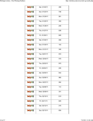 Michigan Lottery - Past Winning Numbers                                    http://milottery.state.mi.us/msl-og-results.php



                                          Delly.3J   Sat. 01/22/11   498


                                          Del14,42   Sun. 01/23/11   736


                                          Del0.32    Mon. 01/24/11   581


                                          DoiIraj    Tue. 01/25/11   350


                                          Delly.31   Wed. 01/26/11   246


                                          Delly.31   Thu. 01/27/11   038


                                          DeIly.31   Fri. 01/28/11   849


                                          Doi0.31    Sat. 01/29/11   406


                                          Doily.31   Sun. 01/30/11   103


                                          Delly.31   Mon. 01/31/11   346


                                          Del14,42   Tue. 02/01/11   972


                                          lisily.3   Wed. 02/02/11   470


                                          Dely.31    Thu. 02/03/11   970


                                          Dmily.31   Fri. 02/04/11   246


                                          Ddly.31    Sat. 02/05/11   542


                                          Del0.31    Sun. 02/06/11   980


                                          Daikr.31   Mon. 02/07/11   464


                                          Deikr.32   Tue. 02/08/11   113


                                          Delly.3J   Wed. 02/09/11   331


                                          DeIly.32   Thu. 02/10/11   010


                                          Do10.32    Fri. 02/11/11   045


                                          Dely.31    Sat. 02/12/11   319


                                          Doi0.31    Sun. 02/13/11   654




10 of 17                                                                                             7/4/2011 12:49 AM
 