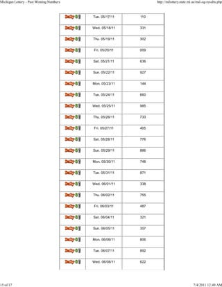 Michigan Lottery - Past Winning Numbers                                    http://milottery.state.mi.us/msl-og-results.php



                                          Delly.3J   Tue. 05/17/11   110


                                          Del14,42   Wed. 05/18/11   331


                                          Del0.32    Thu. 05/19/11   302


                                          DoiIraj    Fri. 05/20/11   009


                                          Delly.31   Sat. 05/21/11   636


                                          Delly.31   Sun. 05/22/11   927


                                          DeIly.31   Mon. 05/23/11   144


                                          Doi0.31    Tue. 05/24/11   660


                                          Doily.31   Wed. 05/25/11   985


                                          Delly.31   Thu. 05/26/11   733


                                          Del14,42   Fri. 05/27/11   405


                                          lisily.3   Sat. 05/28/11   776


                                          Dely.31    Sun. 05/29/11   886


                                          Dmily.31   Mon. 05/30/11   748


                                          Ddly.31    Tue. 05/31/11   871


                                          Del0.31    Wed. 06/01/11   338


                                          Daikr.31   Thu. 06/02/11   755


                                          Deikr.32   Fri. 06/03/11   487


                                          Delly.3J   Sat. 06/04/11   321


                                          DeIly.32   Sun. 06/05/11   357


                                          Do10.32    Mon. 06/06/11   806


                                          Dely.31    Tue. 06/07/11   892


                                          Doi0.31    Wed. 06/08/11   622




15 of 17                                                                                             7/4/2011 12:49 AM
 