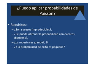 ¿Puedo aplicar probabilidades de
                  Poisson?

• Requisitos:
  – ¿Son sucesos impredecibles?,
  – ¿Se puede obtener la probabilidad con eventos
    discretos?,
  – ¿La muestra es grande?, &
  – ¿Y la probabilidad de éxito es pequeña?
 