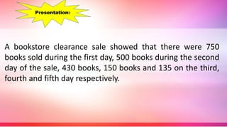 A bookstore clearance sale showed that there were 750
books sold during the first day, 500 books during the second
day of the sale, 430 books, 150 books and 135 on the third,
fourth and fifth day respectively.
Presentation:
 