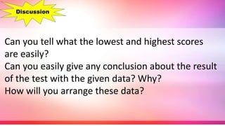 Can you tell what the lowest and highest scores
are easily?
Can you easily give any conclusion about the result
of the test with the given data? Why?
How will you arrange these data?
Discussion
 
