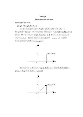ใบความร้ ูที 6.1
                                 เรือง กราฟของจํานวนเชิ งซ้ อน
กราฟของจํานวนเชิ งซ้ อน
     (Graph of Complex Numbers)
         เนืองจากจํานวนเชิงซ้อนเขียนอยูในรู ปของคู่อนดับ (a, b) หรื อในรู ป a + bi
                                         ่            ั
             ่                     ่
โดย a เป็ นสวนจริ ง และ b เป็ นสวนจินตภาพ ดังนั( นอาจแทนจํานวนเชิงซ้อน (a, b) บนระนาบ
พิกดฉาก XY เชนเดียวกบการแทนคู่อนดับ (a, b) ∈ R × R โดยเรี ยกแกน X (แกนนอน) วา
   ั              ่         ั          ั                                                ่
                                               ่
แกนจริ ง ( real axis ) เรี ยกแกน Y (แกนตั( ง) วาแกนจินตภาพ ( imaginary axis ) และเรี ยก
               ่
ระนาบ XY วาระนาบเชิงซ้อน (complex plane)




         จํานวนเชิงซ้อน a + bi แทนได้ดวยจุด (a, b) ด้วยเวกเตอร์ ทีมีจุดเริ มต้นที (0,0) และ
                                            ้
จุด z(a, b) เป็ นจุดสิ( นสุ ด นันคือ z = oz ดังรู ป
 