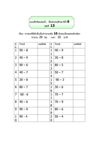 แบบฝึกคิดเลขเร็ว ชันประถมศึกษาปีที่
                                    ้                    6
                                 ชุดที่   13

     เรื่อง การลบที่มีตัวตั้งเป็นจำานวนเต็ม  10 ตัวลบเป็นเลขหลักเดียว
                  จำานวน   20    ข้อ      เวลา 10 นาที

ข้   โจทย์                 ผลลัพธ์        ข้   โจทย์           ผลลัพธ์
อ                                         อ
1 50 – 8                                  1    40 – 9
                                          1
2 40 – 9                                  1    30 – 8
                                          2
3 90 – 6                                  1    80 – 5
                                          3
4 40 – 7                                  1    50 – 7
                                          4
5 30 – 8                                  1    90 – 3
                                          5
6 80 – 7                                  1    30 – 6
                                          6
7     60 - 6                              1    70 – 7
                                          7
8 40 – 6                                  1    70 – 9
                                          8
9 90 – 9                                  1    80 – 6
                                          9
1 90 - 4                                  2    50 – 4
0                                         0
 