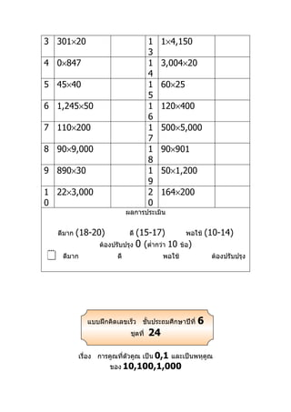 3 301×20                                1    1×4,150
                                        3
4 0×847                                 1    3,004×20
                                        4
5 45×40                                 1    60×25
                                        5
6 1,245×50                              1    120×400
                                        6
7 110×200                               1    500×5,000
                                        7
8 90×9,000                              1    90×901
                                        8
9 890×30                                1    50×1,200
                                        9
1 22×3,000                              2    164×200
0                                       0
                              ผลการประเมิน


    ดีมาก   (18-20)             (15-17)
                               ดี                      พอใช้    (10-14)
                   ต้องปรับปรุง 0 (ตำ่ากว่า 10       ข้อ)
    ดีมาก               ดี                  พอใช้               ต้องปรับปรุง




               แบบฝึกคิดเลขเร็ว ชันประถมศึกษาปีที่
                                  ้                         6
                               ชุดที่   24

            เรื่อง การคูณที่ตัวคูณ เป็น 0,1 และเป็นพหุคูณ
                      ของ 10,100,1,000
 