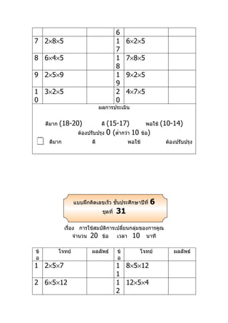 6
7 2×8×5                                     1    6×2×5
                                            7
8 6×4×5                                     1    7×8×5
                                            8
9 2×5×9                                     1    9×2×5
                                            9
1 3×2×5                                     2    4×7×5
0                                           0
                                  ผลการประเมิน


     ดีมาก   (18-20)                (15-17)
                                   ดี                      พอใช้   (10-14)
                       ต้องปรับปรุง 0 (ตำ่ากว่า 10       ข้อ)
     ดีมาก                  ดี                  พอใช้              ต้องปรับปรุง




                     แบบฝึกคิดเลขเร็ว ชันประศึกษาปีที่
                                        ้                   6
                                   ชุดที่   31

               เรื่อง การใช้สมบัติการเปลี่ยนกลุ่มของการคูณ
                    จำานวน 20 ข้อ     เวลา 10 นาที

ข้           โจทย์           ผลลัพธ์        ข้       โจทย์             ผลลัพธ์
อ                                           อ
1 2×5×7                                     1 8×5×12
                                            1
2 6×5×12                                    1 12×5×4
                                            2
 