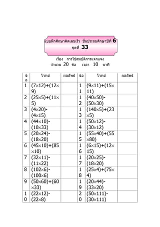 แบบฝึกศึกษาคิดเลขเร็ว ชันประถมศึกษาปีที่
                               ้                  6
                         ชุดที่   33

                  เรื่อง การใช้สมบัติการแจกแจง
              จำานวน 20 ข้อ       เวลา 10 นาที

ข้    โจทย์         ผลลัพธ์   ข้อ       โจทย์         ผลลัพธ์
อ
1 (7×12)+(12×                 1     (9×11)+(15×
  9)                          1     11)
2 (25×5)+(11×                 1     (40×50)-
  5)                          2     (50×30)
3 (4×20)-                     1     (140×5)+(23
  (4×15)                      3     ×5)
4 (44×10)-                    1     (50×12)-
  (10×33)                     4     (30×12)
5 (20×24)-                    1     (55×40)+(55
  (18×20)                     5     ×80)
6 (45×10)+(85                 1     (6×15)+(12×
  ×10)                        6     15)
7 (32×11)-                    1     (20×25)-
  (11×22)                     7     (18×20)
8 (102×6)-                    1     (25×4)+(75×
  (100×6)                     8     4)
9 (50×60)+(60                 1     (20×44)-
  ×33)                        9     (33×20)
1 (22×12)-                    2     (50×111)-
0 (22×8)                      0     (30×111)
 