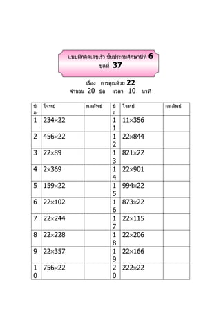 แบบฝึกคิดเลขเร็ว ชันประถมศึกษาปีที่
                                ้                  6
                           ชุดที่   37

                      เรื่อง การคูณด้วย    22
             จำานวน   20   ข้อ      เวลา   10    นาที

ข้   โจทย์            ผลลัพธ์       ข้   โจทย์          ผลลัพธ์
อ                                   อ
1 234×22                            1    11×356
                                    1
2 456×22                            1    22×844
                                    2
3 22×89                             1    821×22
                                    3
4 2×369                             1    22×901
                                    4
5 159×22                            1    994×22
                                    5
6 22×102                            1    873×22
                                    6
7 22×244                            1    22×115
                                    7
8 22×228                            1    22×206
                                    8
9 22×357                            1    22×166
                                    9
1 756×22                            2    222×22
0                                   0
 