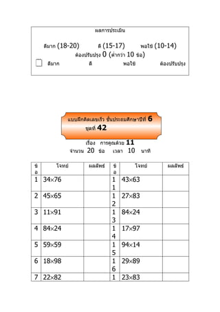 ผลการประเมิน


     ดีมาก   (18-20)                (15-17)
                                       ดี                     พอใช้    (10-14)
                       ต้องปรับปรุง 0 (ตำ่ากว่า 10          ข้อ)
     ดีมาก                     ดี                  พอใช้               ต้องปรับปรุง




                 แบบฝึกคิดเลขเร็ว ชันประถมศึกษาปีที่
                                    ้                              6
                              ชุดที่   42
                              เรื่อง การคูณด้วย      11
                     จำานวน    20      ข้อ   เวลา    10       นาที

ข้           โจทย์              ผลลัพธ์      ข้           โจทย์            ผลลัพธ์
อ                                            อ
1 34×76                                      1    43×63
                                             1
2 45×65                                      1    27×83
                                             2
3 11×91                                      1    84×24
                                             3
4 84×24                                      1    17×97
                                             4
5 59×59                                      1    94×14
                                             5
6 18×98                                      1    29×89
                                             6
7 22×82                                      1    23×83
 