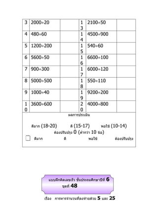 3 2000÷20                            1   2100÷50
                                     3
4 480÷60                             1   4500÷900
                                     4
5 1200÷200                           1   540÷60
                                     5
6 5600÷50                            1   6600÷100
                                     6
7 900÷300                            1   6000÷120
                                     7
8 5000÷500                           1   550÷110
                                     8
9 1000÷40                            1   9200÷200
                                     9
1 3600÷600                           2   4000÷800
0                                    0
                             ผลการประเมิน


    ดีมาก   (18-20)            (15-17)
                                ดี                 พอใช้    (10-14)
                  ต้องปรับปรุง 0 (ตำ่ากว่า 10    ข้อ)
    ดีมาก              ดี               พอใช้               ต้องปรับปรุง




               แบบฝึกคิดเลขเร็ว ชันประถมศึกษาปีที่
                                  ้                     6
                       ชุดที่   48

             เรื่อง การหารจำานวนที่ลงท้ายด้วย    5 และ 25
 