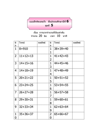 แบบฝึกคิดเลขเร็ว ชันประถมศึกษาปีที่
                                ้                  6
                           ชุดที่    5

                 เรื่อง การบวกจำานวนที่เรียงลำาดับ
              จำานวน 20 ข้อ       เวลา 10 นาที

ข้   โจทย์           ผลลัพธ์        ข้   โจทย์         ผลลัพธ์
อ                                   อ
1 8+910                             1    38+39+40
                                    1
2 11+12+13                          1    41+42+43
                                    2
3 14+15+16                          1    44+45+46
                                    3
4 14+18+19                          1    47+48+49
                                    4
5 20+21+22                          1    50+51+52
                                    5
6 23+24+25                          1    53+54+55
                                    6
7 26+27+28                          1    56+57+58
                                    7
8 29+30+31                          1    59+60+61
                                    8
9 32+33+34                          1    62+63+64
                                    9
1 35+36+37                          2    65+66+67
0                                   0
 
