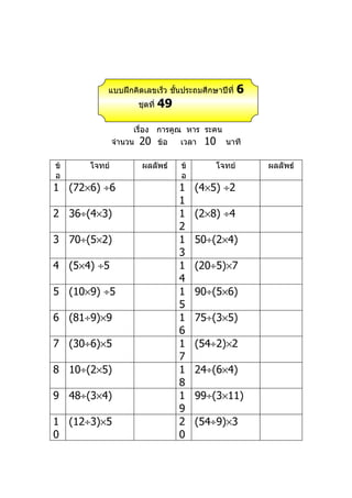 แบบฝึกคิดเลขเร็ว ชันประถมศึกษาปีที่
                             ้                     6
                    ชุดที่   49

                    เรื่อง การคูณ หาร ระคน
              จำานวน 20 ข้อ      เวลา 10 นาที

ข้    โจทย์          ผลลัพธ์      ข้       โจทย์       ผลลัพธ์
อ                                 อ
1 (72×6) ÷6                       1    (4×5) ÷2
                                  1
2 36÷(4×3)                        1    (2×8) ÷4
                                  2
3 70÷(5×2)                        1    50÷(2×4)
                                  3
4 (5×4) ÷5                        1    (20÷5)×7
                                  4
5 (10×9) ÷5                       1    90÷(5×6)
                                  5
6 (81÷9)×9                        1    75÷(3×5)
                                  6
7 (30÷6)×5                        1    (54÷2)×2
                                  7
8 10÷(2×5)                        1    24÷(6×4)
                                  8
9 48÷(3×4)                        1    99÷(3×11)
                                  9
1 (12÷3)×5                        2    (54÷9)×3
0                                 0
 