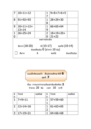 7 10+11+12                                1    9+8+7+6+5
                                          7
8 91+92+93                                1    28+29+30
                                          8
9 10+11+12+                               1    66+65+64
  13+14                                   9
1 26+25+24                                2    18+19+20+
0                                         0    21+22
                               ผลการประเมิน


     ดีมาก   (18-20)            (15-17)
                                ดี                         พอใช้    (10-14)
                   ต้องปรับปรุง 0 (ตำ่ากว่า 10           ข้อ)
     ดีมาก               ดี                     พอใช้               ต้องปรับปรุง




               แบบฝึกคิดเลขเร็ว ชันประถมศึกษาปีที่
                                  ้                             6
                                 ชุดที่    7

               เรื่อง การบวกจำานวนเรียงลำาดับเพิ่มทีละ          2
                จำานวน   20     ข้อ       เวลา    10       นาที

ข้   โจทย์               ผลลัพธ์          ข้   โจทย์                   ผลลัพธ์
อ                                         อ
1 7+9+11                                  1 57+59+60
                                          1
2 12+14+16                                1 61+63+65
                                          2
3 17+19+21                                1 64+66+68
 
