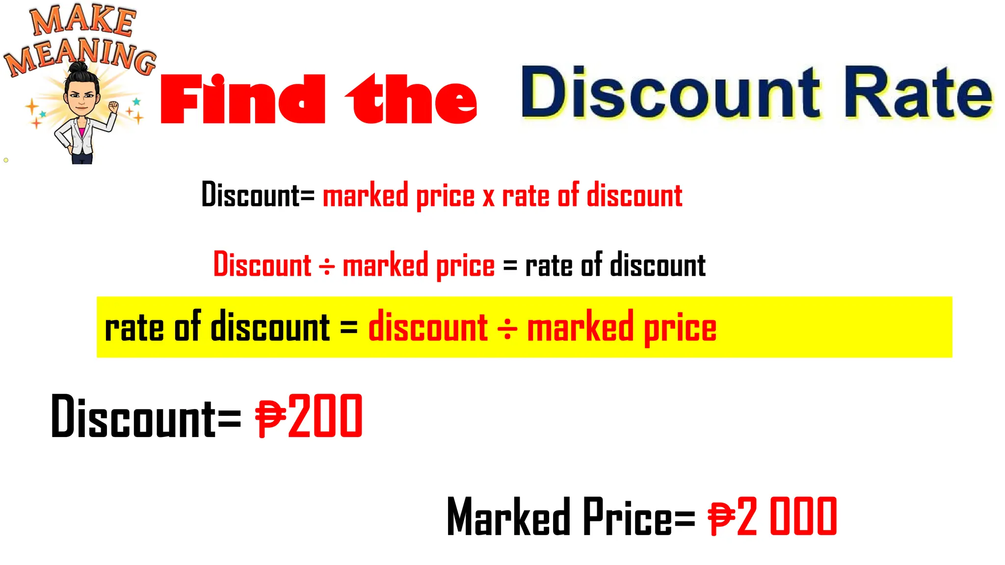 Find the
Discount= marked price x rate of discount
Marked Price= ₱2 000
Discount= ₱200
Discount ÷ marked price = rate of discount
rate of discount = discount ÷ marked price
 