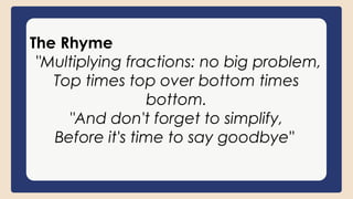 The Rhyme
"Multiplying fractions: no big problem,
Top times top over bottom times
bottom.
"And don't forget to simplify,
Before it's time to say goodbye"
 