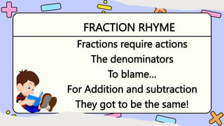 FRACTION RHYME
Fractions require actions
The denominators
To blame…
For Addition and subtraction
They got to be the same!
 