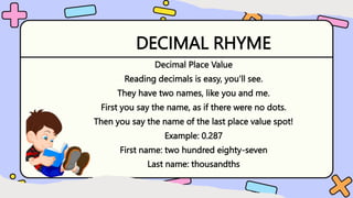 DECIMAL RHYME
Decimal Place Value
Reading decimals is easy, you’ll see.
They have two names, like you and me.
First you say the name, as if there were no dots.
Then you say the name of the last place value spot!
Example: 0.287
First name: two hundred eighty-seven
Last name: thousandths
 