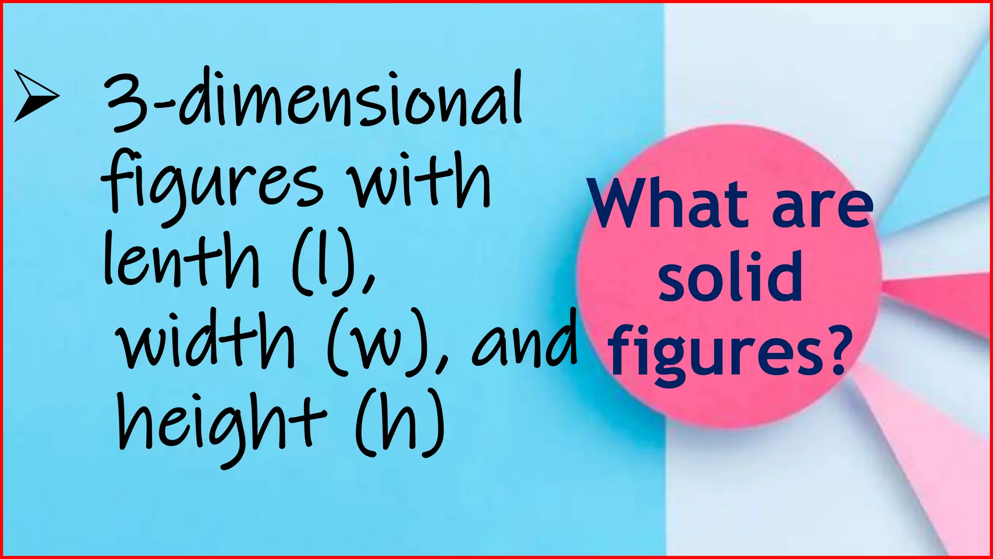 What are
solid
figures?
 3-dimensional
figures with
lenth (l),
width (w), and
height (h)
 